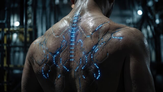 Cyborg Back with Glowing Cybernetic Implants for Sensory Immersion