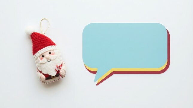Little santa claus felt ornament next to a colorful blank speech bubble for christmas messages