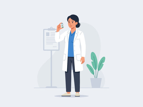 Healthcare Professional Holding Medical Vial and Clipboard in Clinic Setting