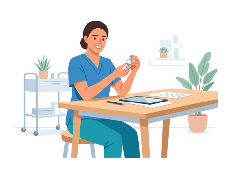 Healthcare Professional Holding Medical Vial At Desk With Tablet And Supplies