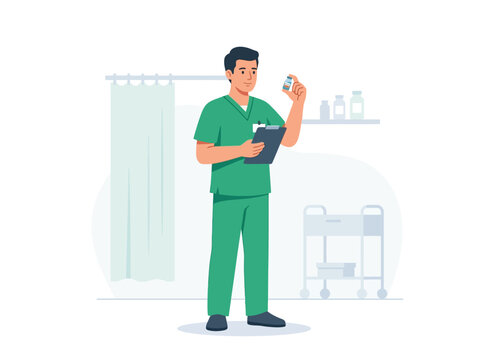 Healthcare Professional Holding Medication and Clipboard Inside Clinic Setting