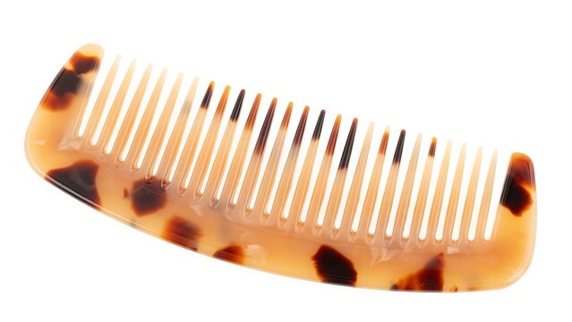 Tortoiseshell hair comb rests on a solid white background.