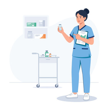 Healthcare Professional Holding Medication Vial and Clipboard In Clinic Setting