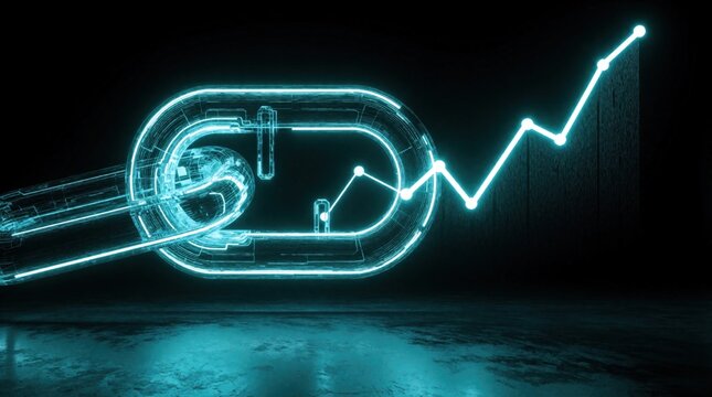 Glowing blue digital link blockchain tech. Neon chain connection grows with upward data trend graph. Cyber network connection shows fintech innovation, crypto market success. Abstract light lines