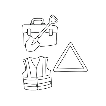 Continuous line art of construction tools and safety gear icons