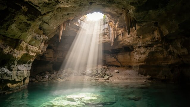 Limestone cave interior with a natural ceiling opening allowing bright sunbeams to shine down onto the turquoise pool of water below ground