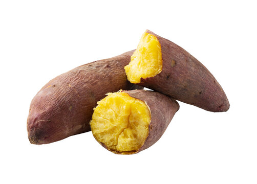 A sweet potato split in half on a white background