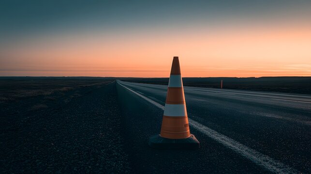 A single orange traffic cone sits on an empty highway during a dramatic sunset. It symbolizes road work, caution, or travel disruption.