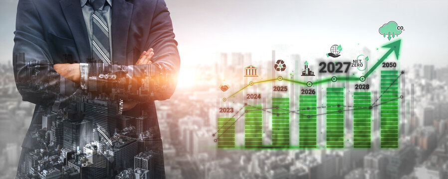 Business professional analyzing growth trends in urban financial landscape with futuristic chart showing sustainable development goals and projected milestones. Sigmoid
