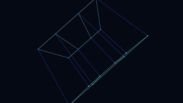 Abstract Rotating Wireframe Tesseract Hypercube With Glowing Blue And Cyan Nodes And Lines On Dark Background