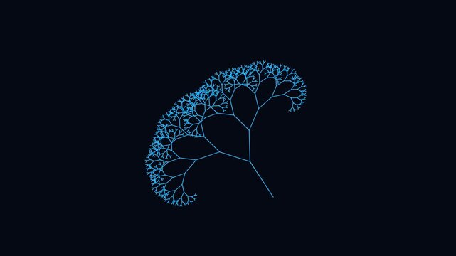 Abstract fractal tree with glowing blue neon lines forming intricate branching pattern on dark background art