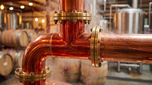 Warm steam billows from gleaming copper still pipes and intricate fittings, highlighting the artisanal distillation process within a traditional craft beverage facility