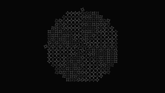 Abstract white Islamic geometric pattern forming circular mandala on black background sacred symmetry artwork