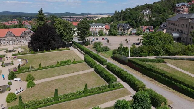 Aerial over the baroque garden parterre and palace at Blankenburg