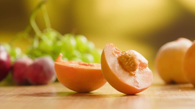 Chef cutting peach, apricot or nectarine with knife, preparing fruit salad for breakfast, homemade jam and juice