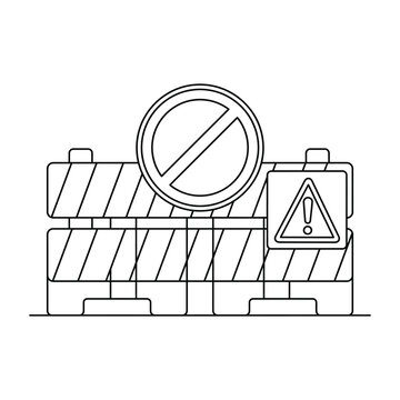 Road Construction Barrier with Warning and Prohibitory Signs Line Art Icon