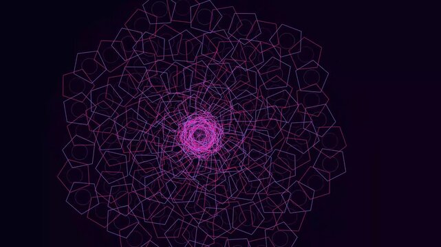 Abstract wireframe pentagons forming hypnotic neon spiral tunnel with glowing pink center on dark background