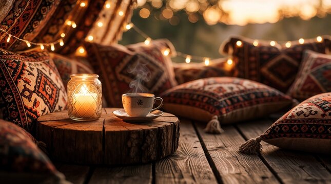 Cozy outdoor setting with steaming coffee cup and lit candle on rustic wood table. Patterned pillows and string lights create bohemian ambience. Peaceful relaxation spot.