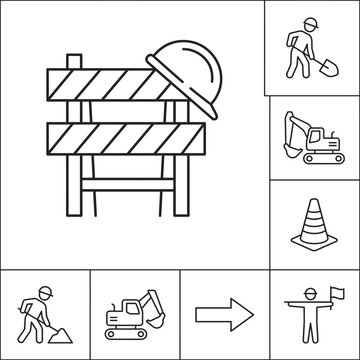Construction and Roadwork Line Icon Set Featuring Safety Barrier, Hard Hat, Excavator, and Worker Symbols