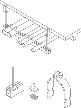 Technical CAD set of pipe support systems showing isometric assembly of hangers on a beam, plus details of beam clamps, clevis hangers, and pipe saddles.