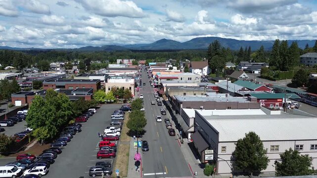 Aerial view of downtown Arlington, Washington, a vibrant small town in the Pacific Northwest.
