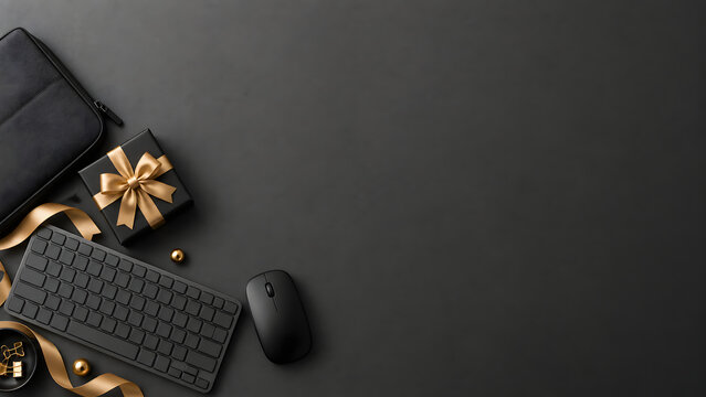 Black minimalist workspace with gold gift box, sleek computer keyboard and mouse, luxury office desk flat lay with copy space