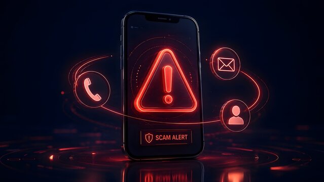 Smartphone displaying glowing red scam alert warning sign with communication icons illustrating mobile fraud and cyber security threat