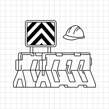 Construction Site Road Barriers and Safety Hard Hat Line Art Illustration