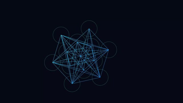 Futuristic Blue Wireframe Metatron Cube Sacred Geometry Rotating On Dark Background With Glowing Lines Circles