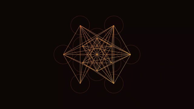 Golden Metatrons Cube Sacred Geometry Wireframe Glowing Orange on Black Background Mystical Esoteric Symbol