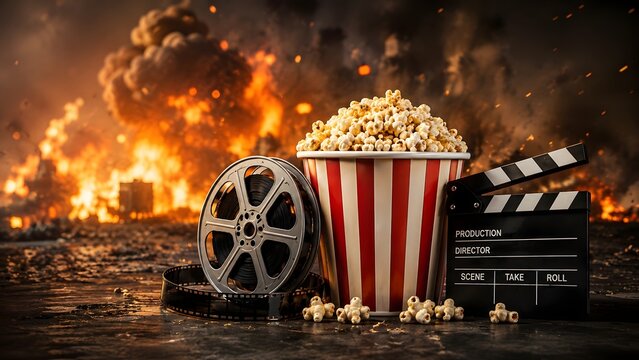 Popcorn bucket with film reel and clapperboard against dramatic fiery explosion background illustrating action movie blockbuster production