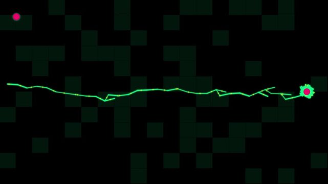 Abstract digital slime mold simulation forming glowing green trail path on dark pixel grid background pattern