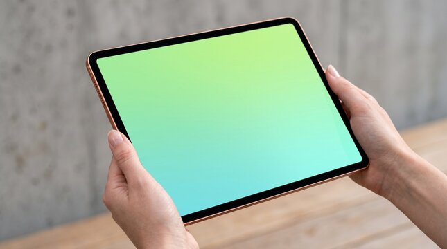 Hands holding a tablet with a gradient green and blue screen