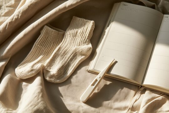 Positive pregnancy test and tiny baby socks are arranged next to an open planner in warm daylight highlighting a stylish flat lay setup.