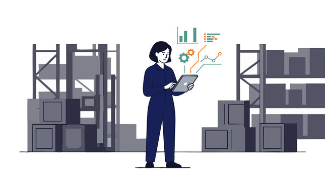 Modern professional woman with digital tablet in warehouse, concept for supply chain management, logistics operations and inventory control solutions