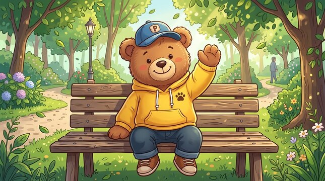 Cute cartoon teddy bear waving hello from a park bench