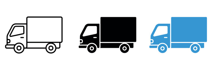 Fototapeta premium Set of three delivery truck icons in outline silhouette and blue color styles for logistics and transportation design projects