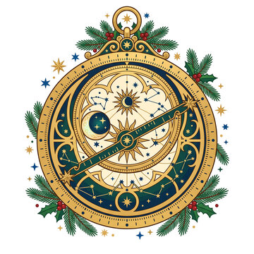 Vintage celestial astrolabe with Christmas pine branches and stars on white background
