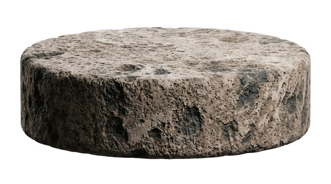 Un socle cylindrique en pierre naturelle brute avec une texture rugueuse et grise, id&eacute;al pour la pr&eacute;sentation de produits cosm&eacute;tiques ou d'objets de luxe sur un fond blanc isol&eacute;.