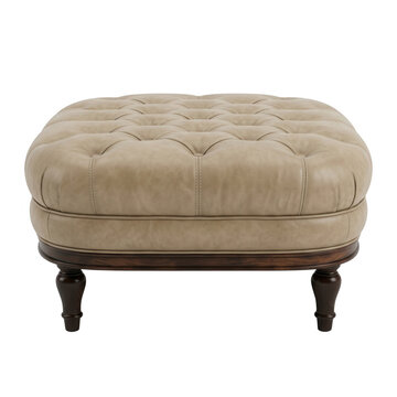 Un &eacute;l&eacute;gant pouf capitonn&eacute; en cuir beige avec des pieds en bois fonc&eacute;, pr&eacute;sent&eacute; sur un fond blanc pur, id&eacute;al pour le design d'int&eacute;rieur classique et le mobilier de luxe.