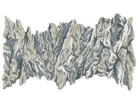Illustration vectorielle stylis&eacute;e repr&eacute;sentant une cha&icirc;ne de montagnes escarp&eacute;e avec des sommets rocheux d&eacute;taill&eacute;s sur un fond blanc pur, id&eacute;ale pour le design graphique.
