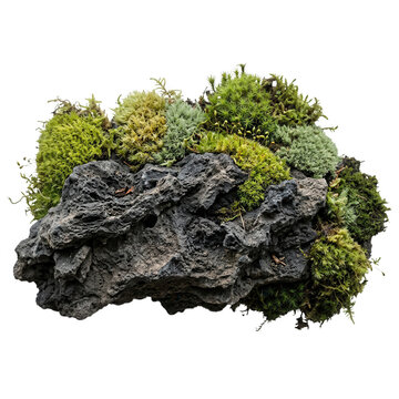 Une pierre volcanique sombre textur&eacute;e recouverte de mousse verte luxuriante et de lichens, isol&eacute;e sur un fond blanc pur, id&eacute;ale pour l'aquascaping et le design naturel.