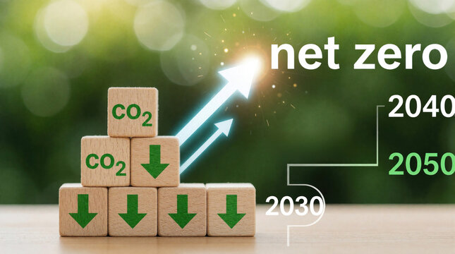 Wooden blocks show CO2 reduction goals with arrows pointing up to net zero targets by 2050. Carbon emissions strategy graphic with 2030 and 2040 milestones.