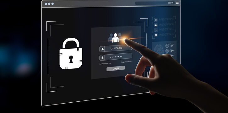 Concept of cybersecurity and data privacy. A secure login interface requires user authentication with a private password to protect personal account information and prevent fraud. Fermion