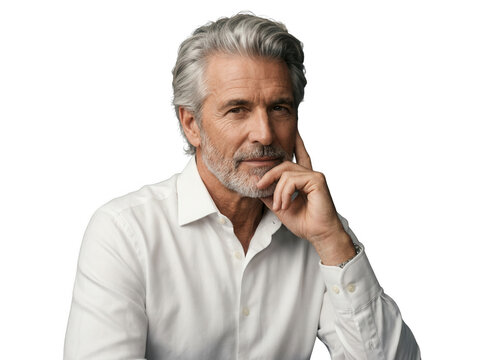Portrait studio d'un homme m&ucirc;r &eacute;l&eacute;gant aux cheveux gris et barbe, portant une chemise blanche, posant avec assurance et regardant la cam&eacute;ra sur un fond blanc isol&eacute;