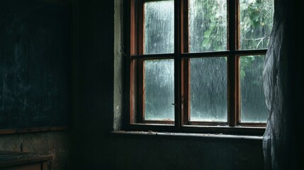 Obraz premium Chalk art blackboard sits beside a window with rain falling on the glass in a rustic environment during a rainy day.