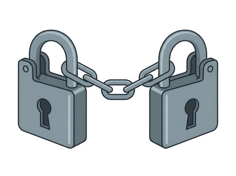 Illustration vectorielle de deux cadenas en m&eacute;tal gris reli&eacute;s par une cha&icirc;ne en acier, symbolisant la s&eacute;curit&eacute;, la protection des donn&eacute;es et la confidentialit&eacute; sur fond blanc.
