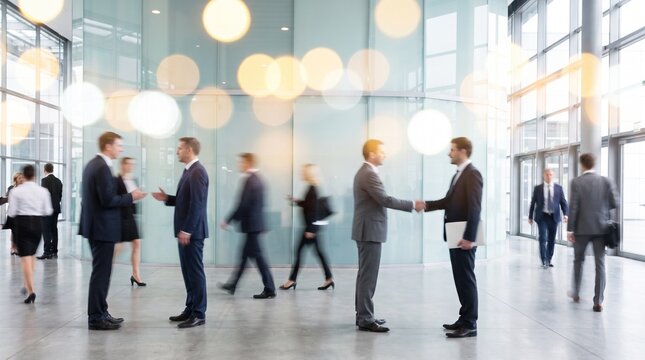 Business professionals networking and shaking hands in a modern corporate office hallway. Ideal for corporate websites, business magazines, and professional networking banners.