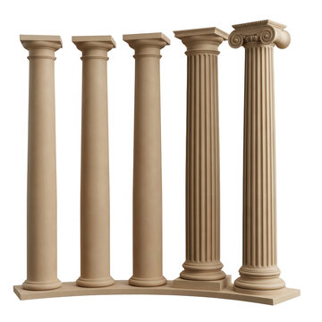 Une collection de colonnes architecturales classiques en pierre beige isol&eacute;es sur un fond blanc, pr&eacute;sentant diff&eacute;rents styles de chapiteaux et de f&ucirc;ts cannel&eacute;s ou lisses pour le design.