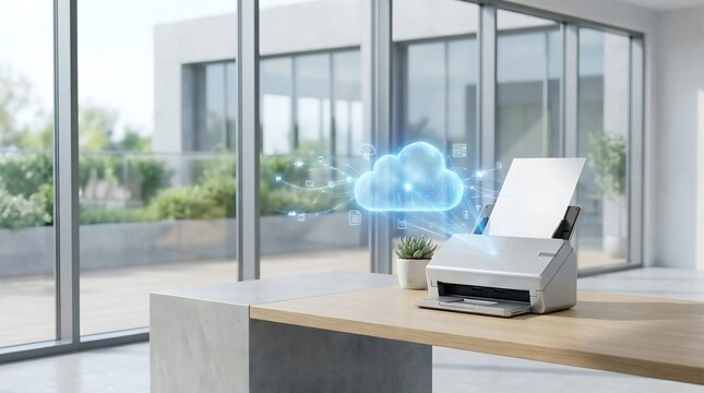 A document scanner connected to the cloud with e-fax technology in a modern corporate office interior environment